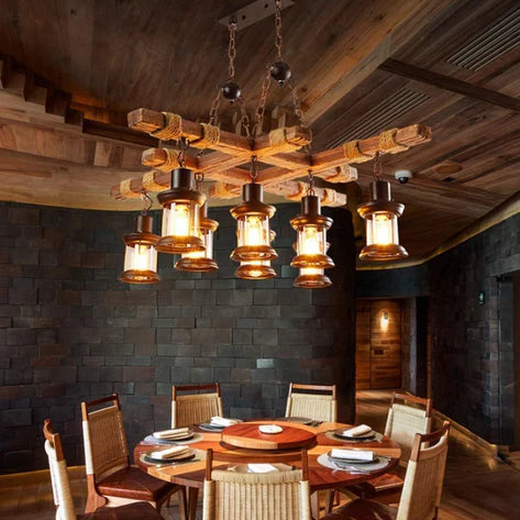 Retro Wood 8-Head Pendant Lamp | Solid Wood & Wrought Iron Hanging Light E27