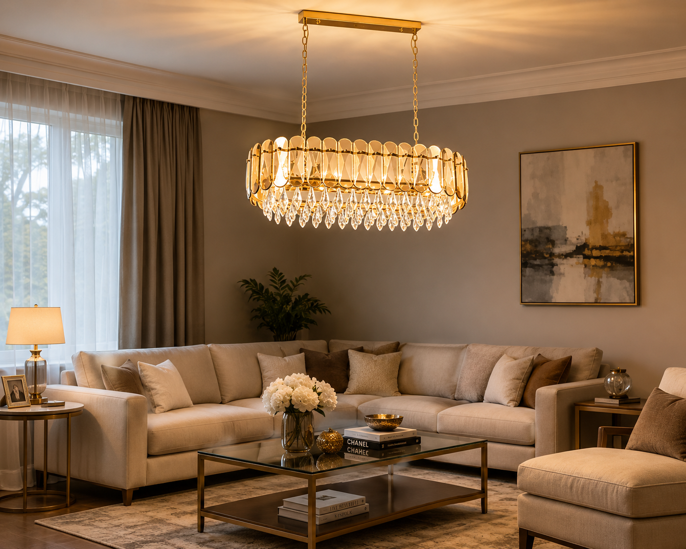 Modern Gold Crystal Linear Chandelier – E14 × 10