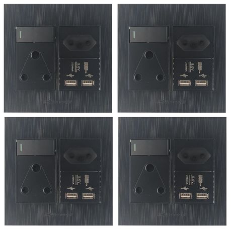Modern Single 16A Socket +Euro Socket +2 USB Socket Wall Plug 4 Piece -MRUL - Black