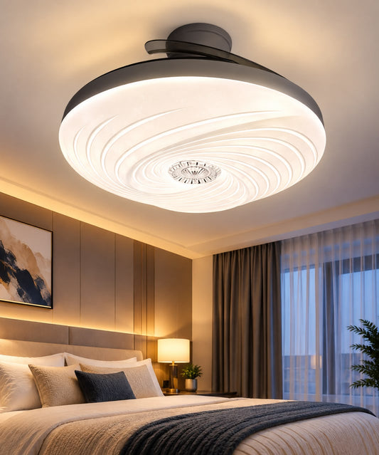 Modern Spiral Swirl Round LED Ceiling Fan with Retractable Blades & Light