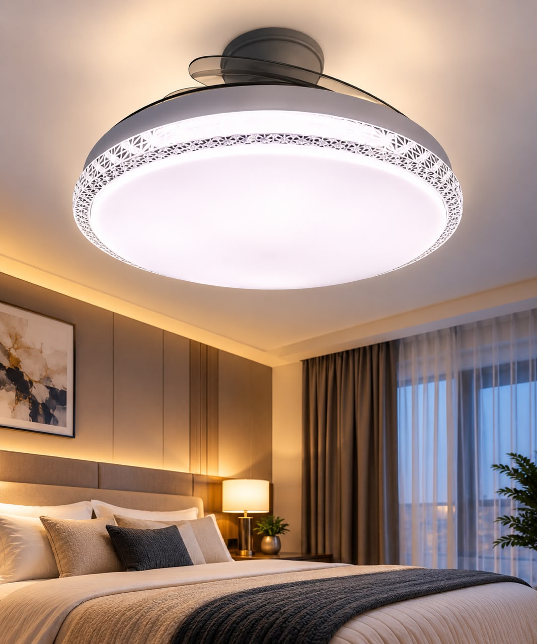 Modern Round Filigree Cutout LED Ceiling Fan with Retractable Blades & Light