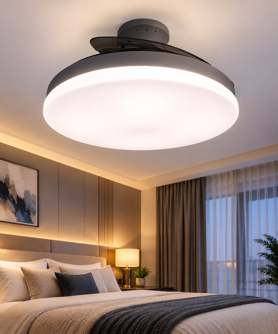 Modern Round Minimalist Flat Disc LED Ceiling Fan with Retractable Blades & Light
