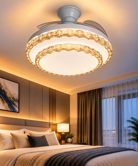 Modern Double-Ring Crystal LED Ceiling Fan with Retractable Blades