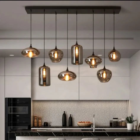 Smoke Grey Glass Ball Pendant Light 8xE27 | Nordic Modern Kitchen Island Lamp