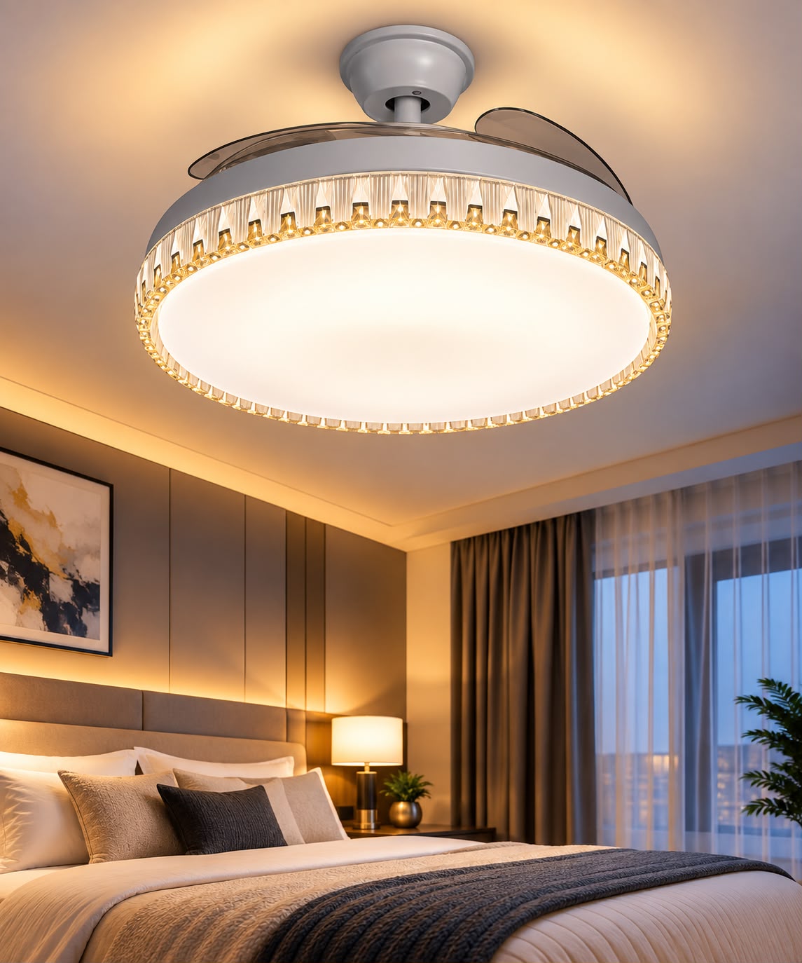 Modern Round Crystal LED Ceiling Fan with Retractable Blades & Light