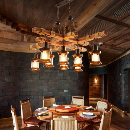 Retro Wood 8-Head Pendant Lamp | Solid Wood & Wrought Iron Hanging Light E27
