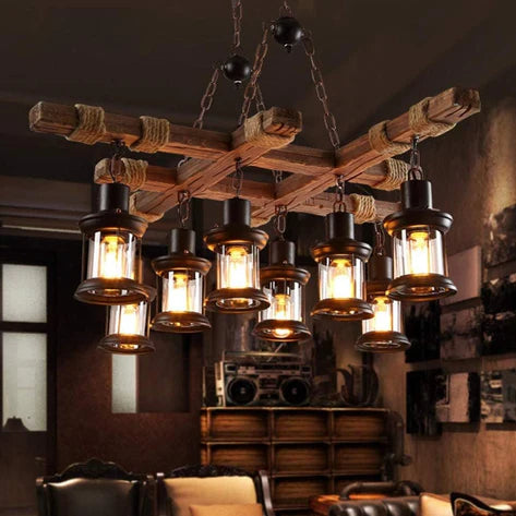 Retro Wood 8-Head Pendant Lamp | Solid Wood & Wrought Iron Hanging Light E27