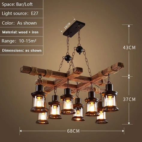 Retro Wood 8-Head Pendant Lamp | Solid Wood & Wrought Iron Hanging Light E27