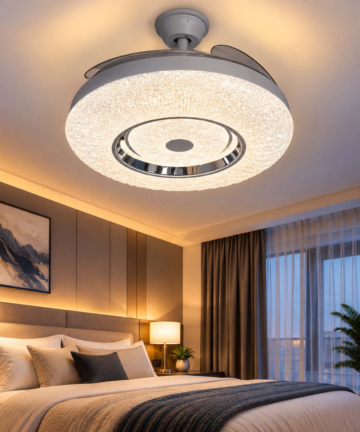 Modern Round Donut Ring Crystal LED Ceiling Fan with Retractable Blades & Light