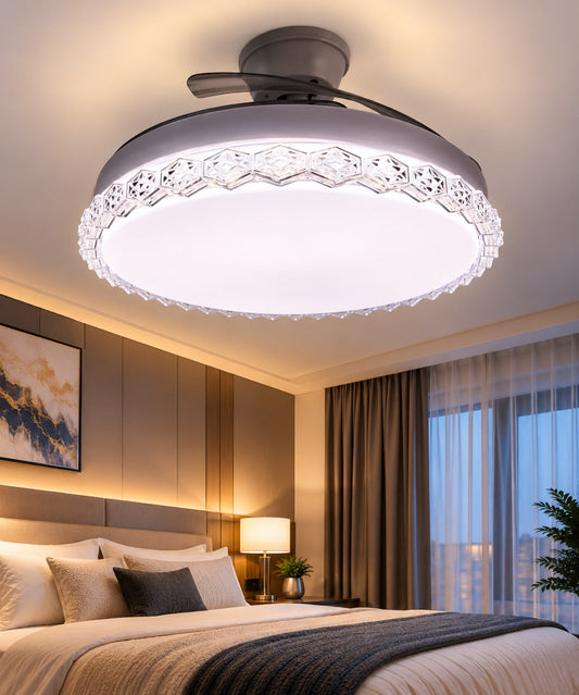 Modern Round Hexagon Lattice Crystal LED Ceiling Fan with Retractable Blades & Light