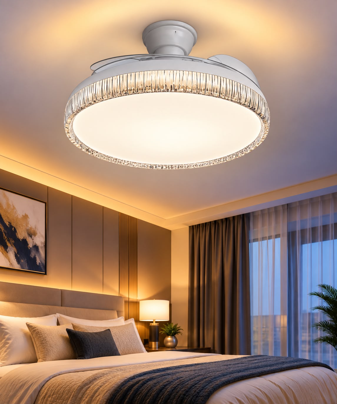 Modern Round Crystal LED Ceiling Fan with Retractable Blades – Remote Controlled Flush Mount Ceiling Fan