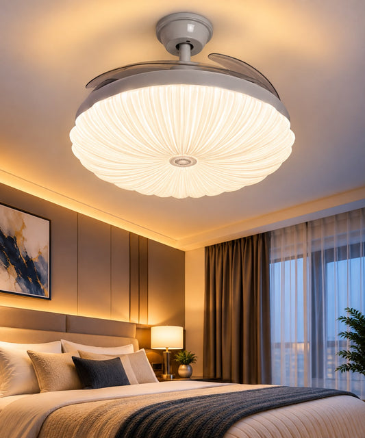 Modern Scalloped Shell-Shaped LED Ceiling Fan with Retractable Blades – Remote Controlled Decorative Ceiling Fan