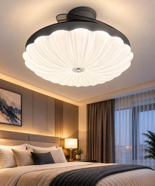 Modern Fluted Pumpkin Shell LED Ceiling Fan with Retractable Blades & Light