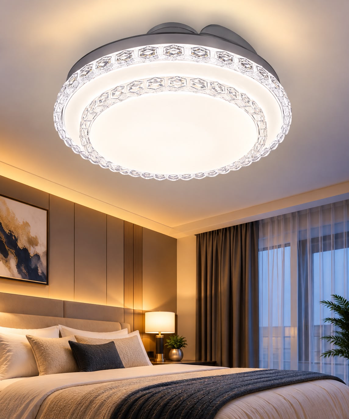 Modern Dual-Ring Round Crystal LED Ceiling Fan with Retractable Blades & Light