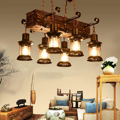 American Industrial E27 Solid Wood Chandelier | Retro Nostalgic Wood & Black 55×100cm Creative Pendant Light for Restaurant, Bar & Café