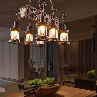 American Industrial E27 Solid Wood Chandelier | Retro Nostalgic Wood & Black 55×100cm Creative Pendant Light for Restaurant, Bar & Café
