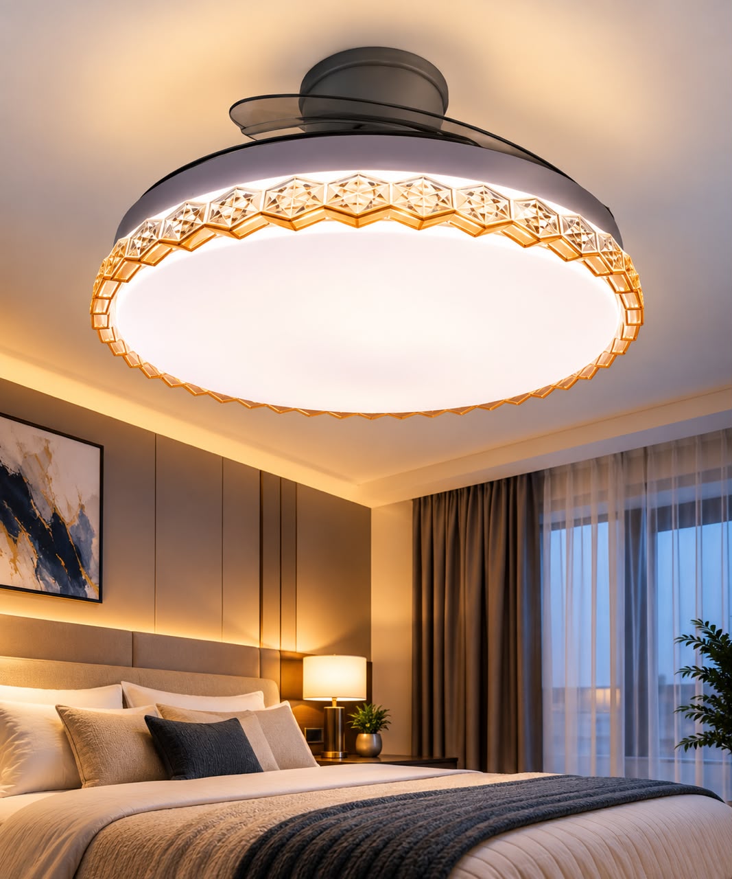 Modern Round Gold Geometric Crystal LED Ceiling Fan with Retractable Blades & Light