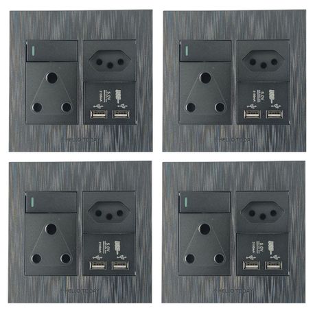 Modern Single 16A Socket +Euro Socket +2 USB Socket Wall Plug 4 Piece -MRUL - Grey