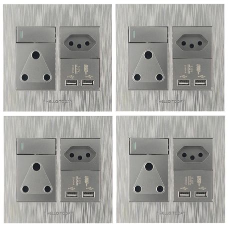 Modern Single 16A Socket +Euro Socket +2 USB Socket Wall Plug 4 Piece -MRUL - Silver